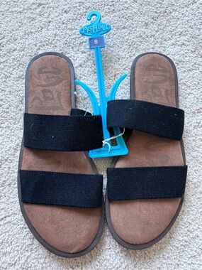 Black and Brown Double Strap Slide Sandals